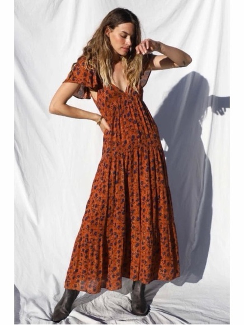 Jen’s Pirate Booty Rust Floral Maxi Boho Dress with Deep V-Neck OBO Glitter Gold - Picture 2 of 13
